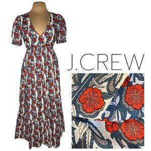 J.Crew Poppy Print V-Neck Maxi Dress White Red Blue Floral Size Small